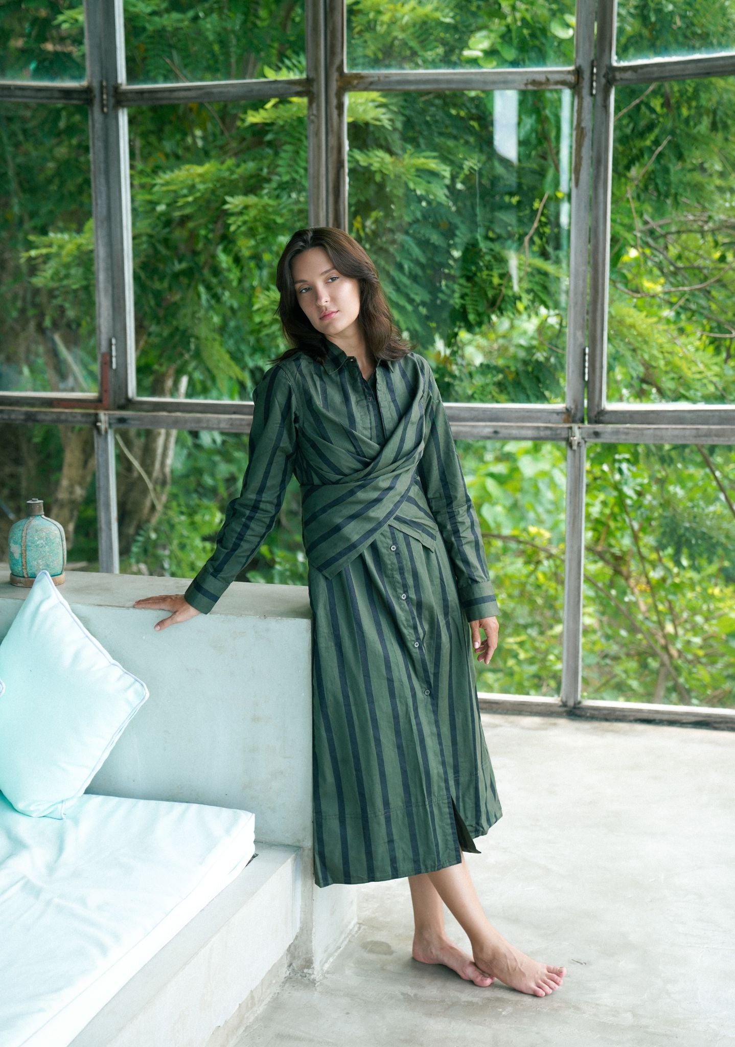 Seattle Wrap Long Dress - Green Stripes