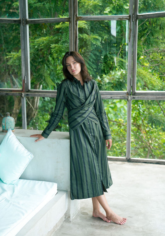Seattle Wrap Long Dress - Green Stripes