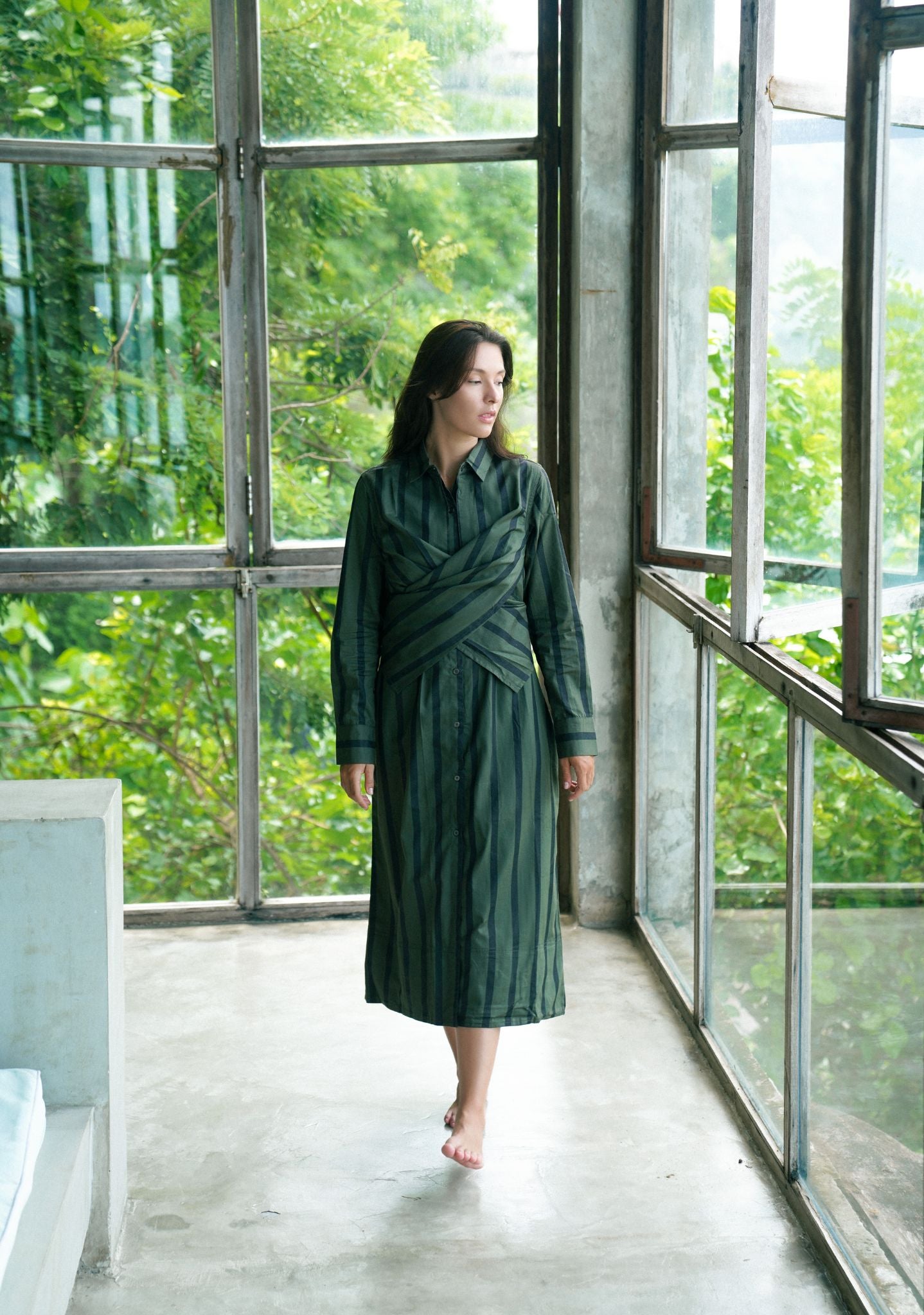 Seattle Wrap Long Dress - Green Stripes