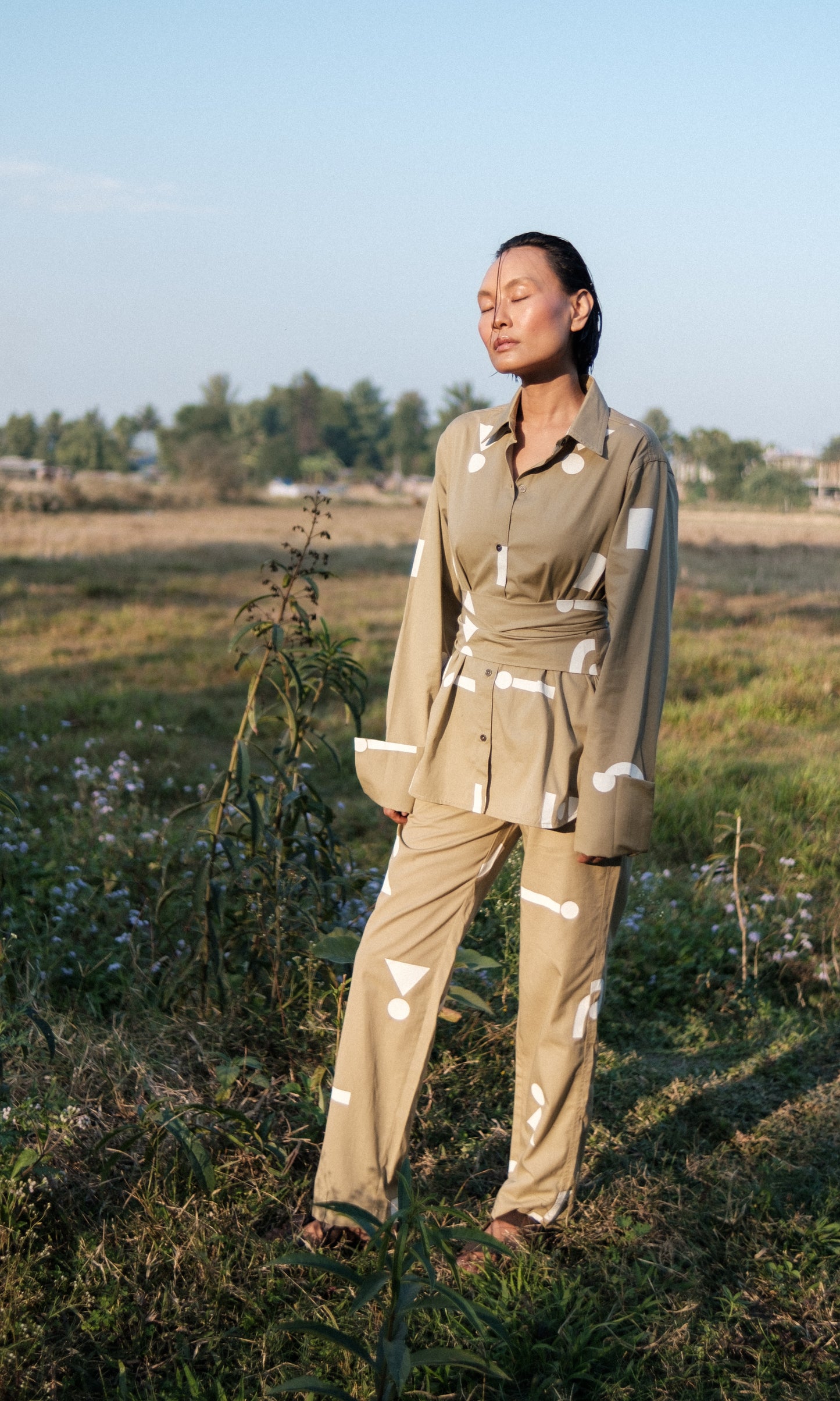Nara Front knot Shirt Triangular Print-Set